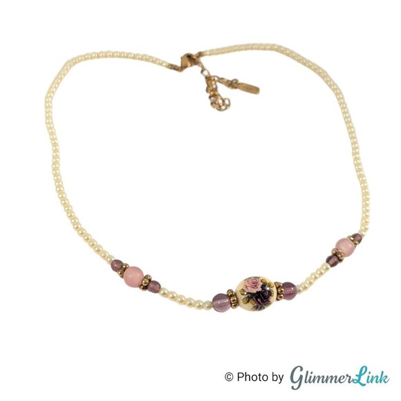 1928 Company Faux Pearl Pink Purple Roses Beaded Necklace - Picture 7 of 9